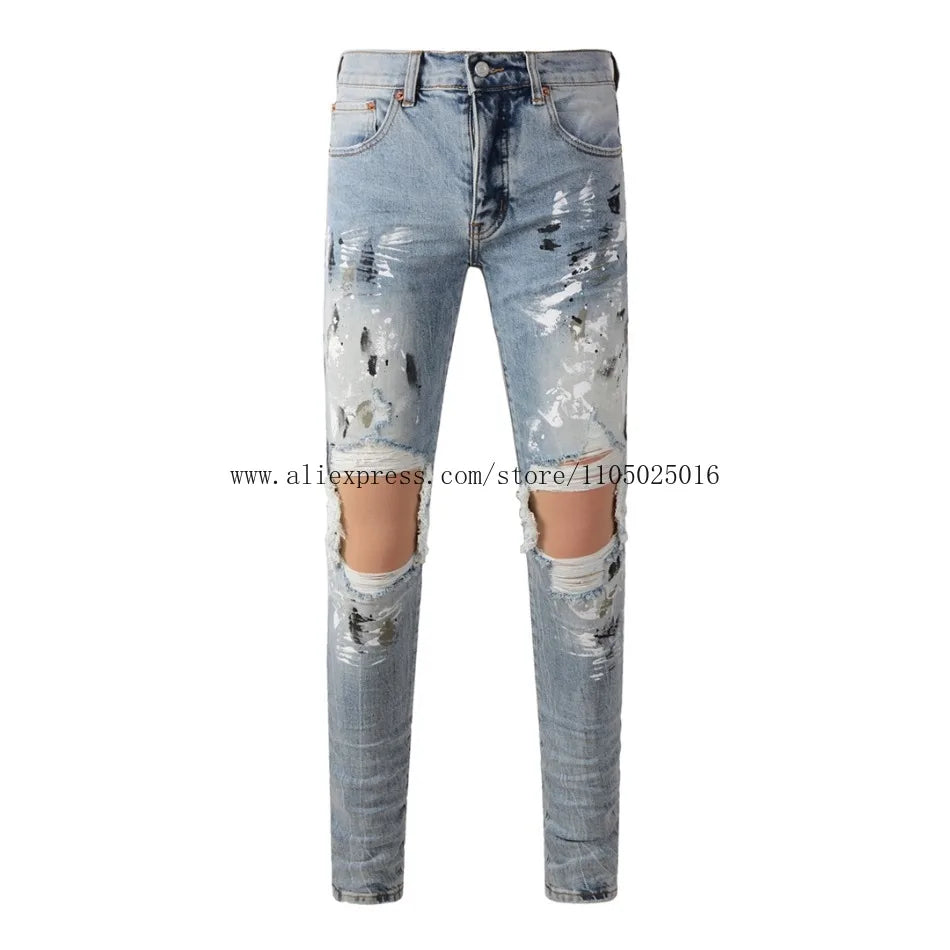 High Street New Trendy Men's Jeans Low Rise Stretch PantsSkinny Button Fly Ripped Retro Hold Trousers