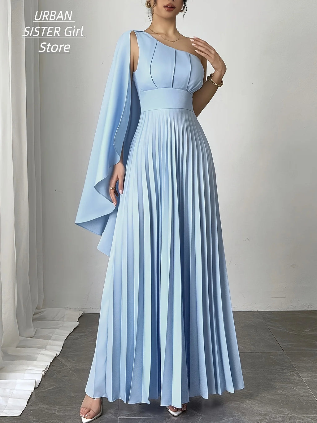 Long Gown Dress, Light Blue One-Shoulder Cape, High-Waisted Full-Length Pleated Floor-Length Style, Light Luxury Minimalist Elegant Style, Suitable for Weddings, Bridesmaids, Guests, Graduation, Prom, Cocktail Parties, Matte