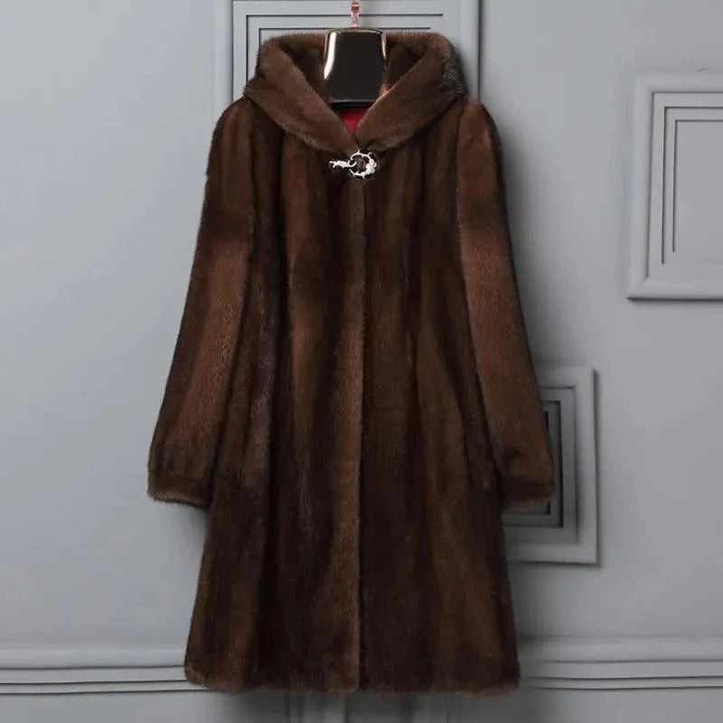 Women's Mink Fur Coat 9XL Thicken Parkas Middle-aged Mother Winter Hooded Mink Overcoat Fashion Warm Long Faux Fur Coats Female