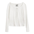 Maden Women’s Slim Fit Henley Shirt Ribbed Knit Long Sleeve T-shirt O-Neck Layering Top Solid Color Autumn Winter Inner Wear