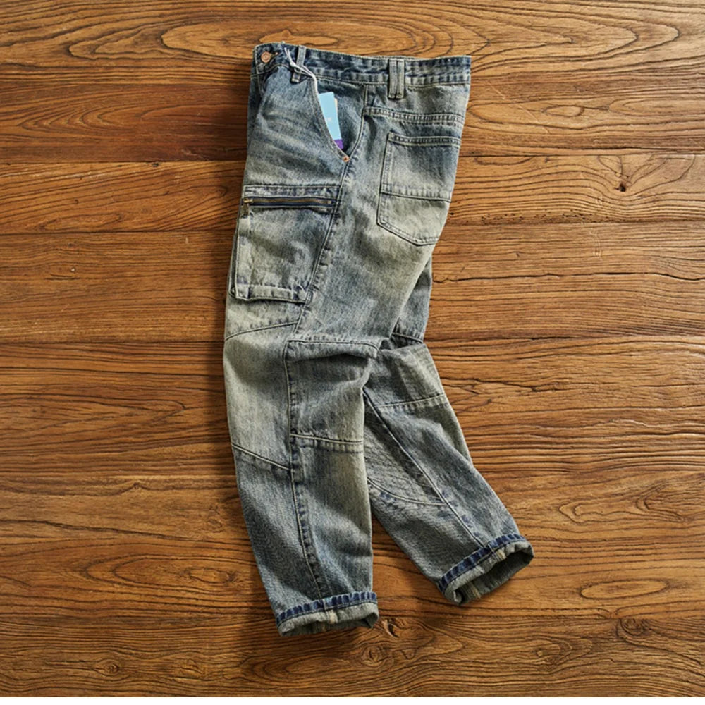 Machete splicing motorcycle jeans men's American vintage wash to make old slim small straight leg cargo denim pants