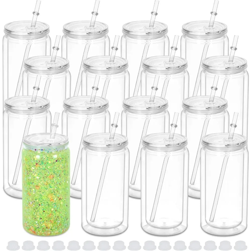 Plastic Snow Globe Tumbler 16 oz 16 Pack DIY Clear Glitter Mason Jar Cups with Pre Drilled Hole Double Wall Insulated