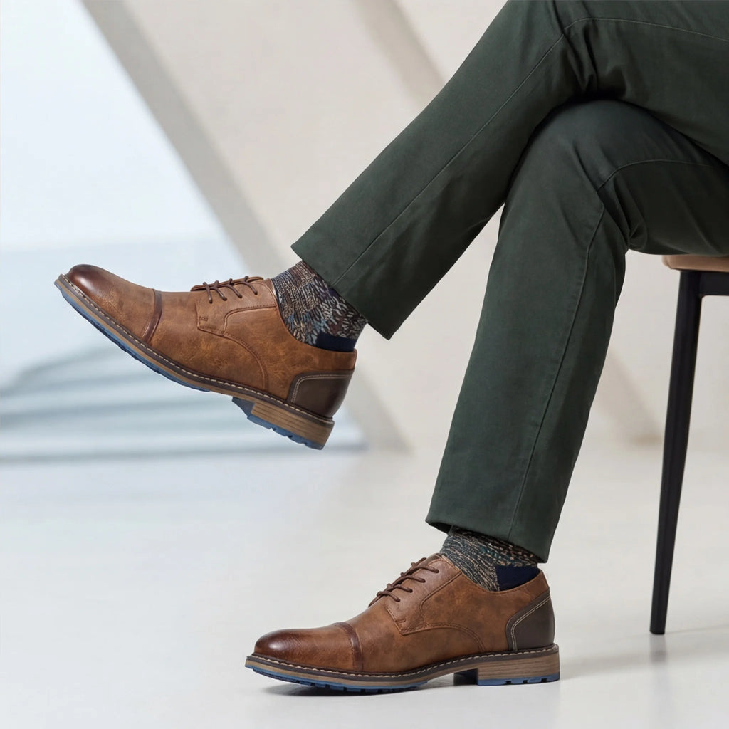 Men's Dress Shoes Burnished Finish Shoes For Man Office Shoes Man Blue Outsole Accents Men Cap Toe Shoes