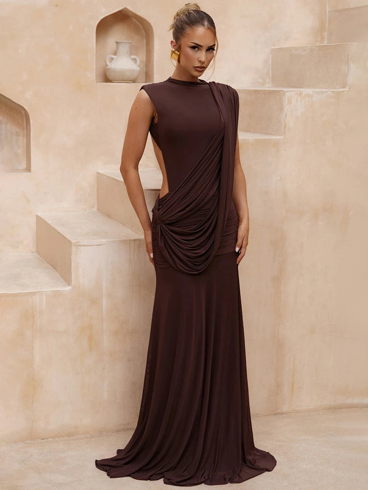 Mozision Women High Neck Sleeveless Maxi Dress Side Back Cutout Draped Knot Ruched Mermaid Evening Wedding Guest Formal Dress