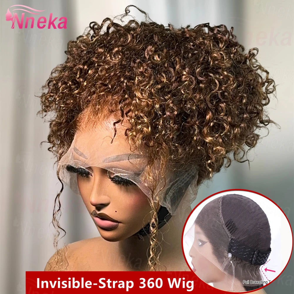 Curly 360 Full Lace Glueless Wig Human Hair Invisible Drawstring 13x6 Hd Lace P4/27 Highlight Deep Wave Frontal Wigs For Women