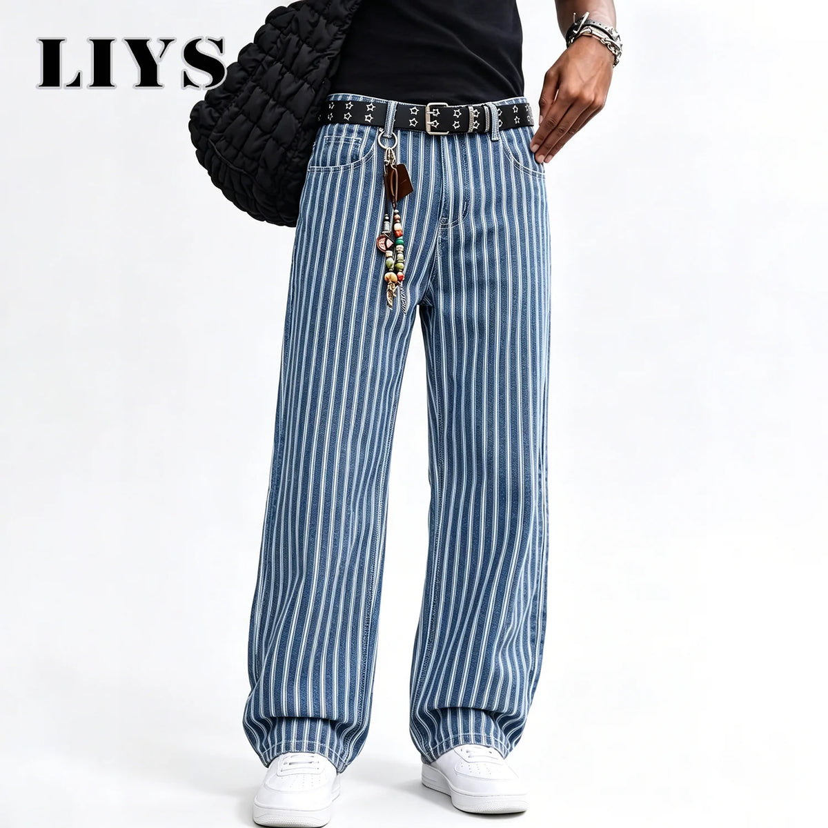 LIYS Men's Blue White Striped Jacquard Straight Leg Jeans Baggy Casual Pants Suitable for Work and Leisure Without Elasticity