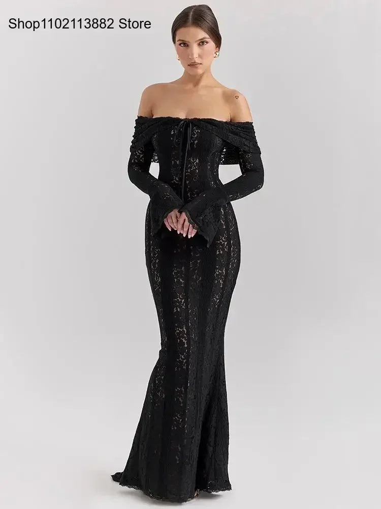 Elegant Lace Off-Shoulder Sexy Maxi Dress Women Strapless Backless Long Sleeve Bodycon Evening Club Party Long Dress
