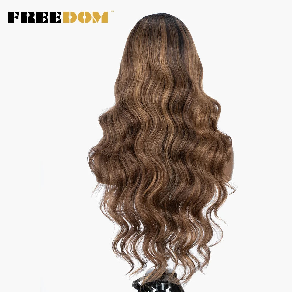 FREEDOM Synthetic Lace Wigs For Black Women Long 28 inch Body Wave Wavy Middle Part Lace Wig Ombre Blonde Brown Cosplay Wigs