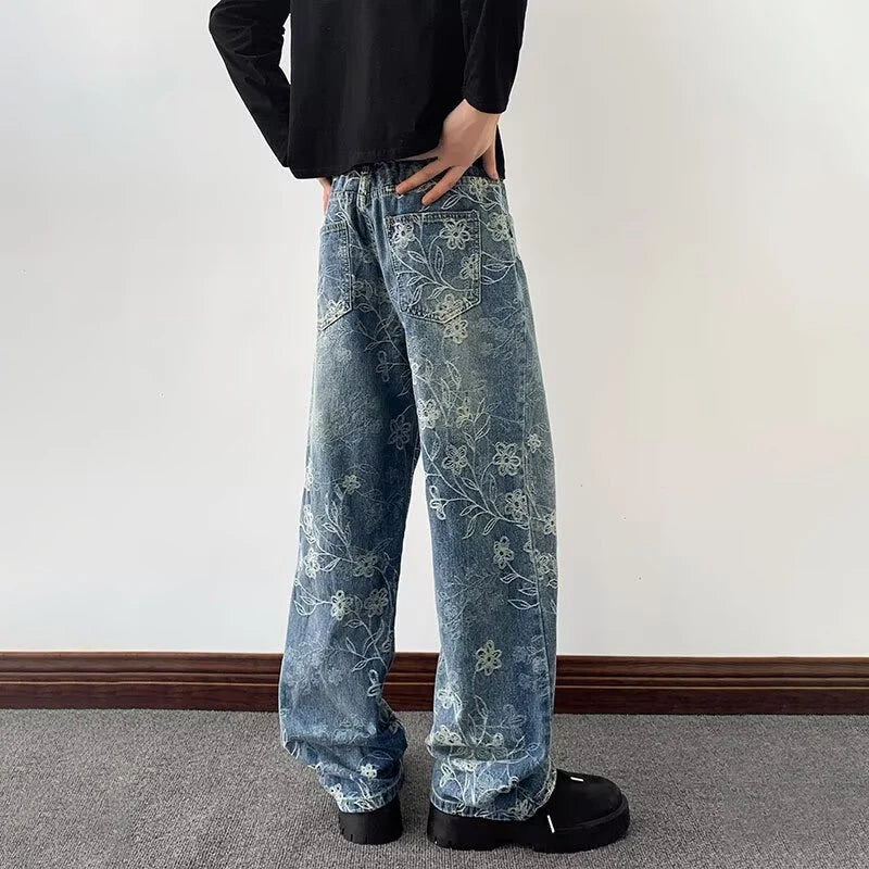 High Street Floral Jacquard Embroidered Baggy Jeans For Man Y2K Vintage Straight Denim Pants Hip Hop Fashion Curved Jean