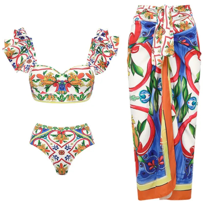Retro Pink Color Matching Printed Two Piece Swimsuit Sexy Beach Swimwear Fashion Strap Cover-up Blouse Pre-sale New 2023