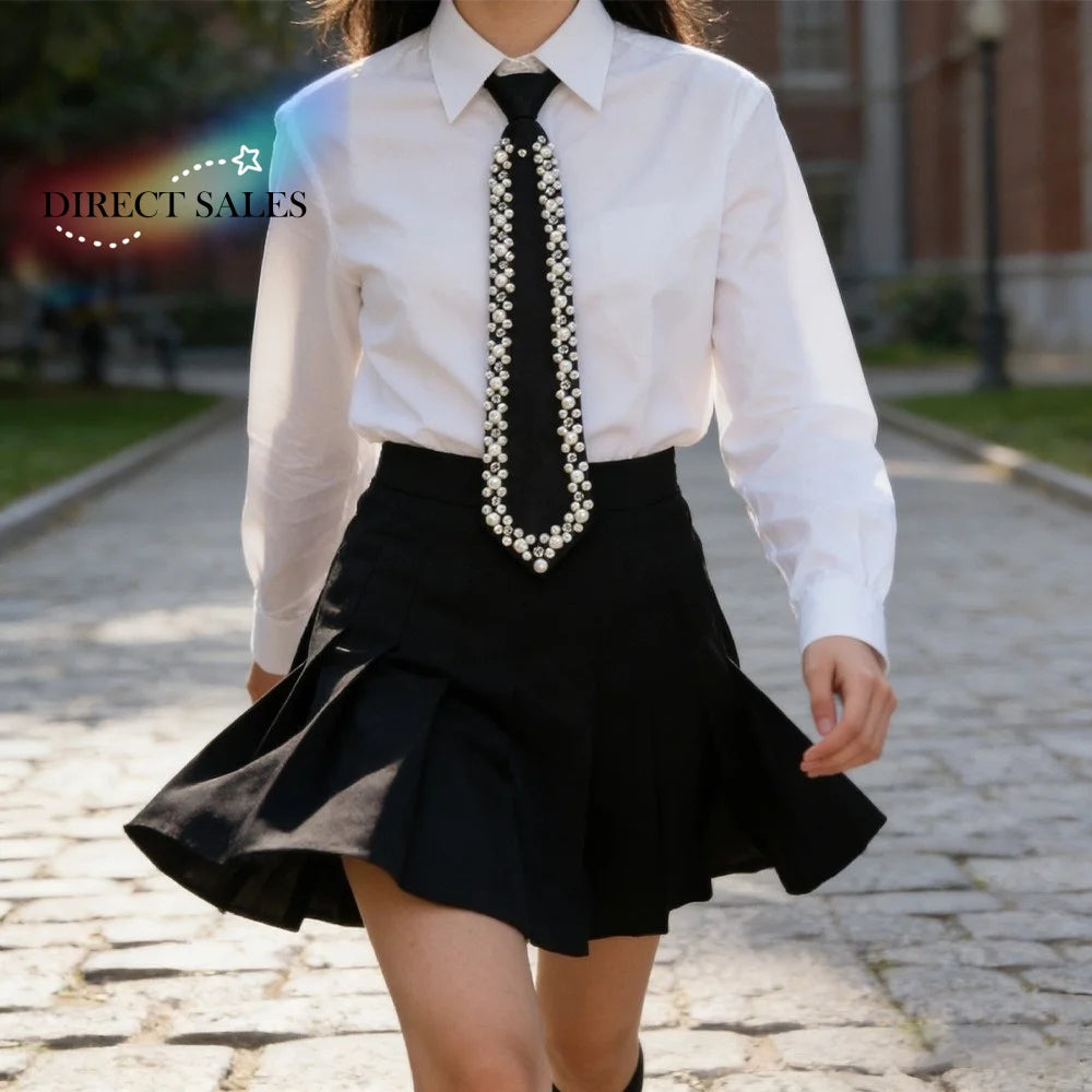 Temperament Rhinestone Pearls Tie Korean Style Black Hand-beaded Long Necktie Academic Style Collares Decoration Shirt Tie Daily