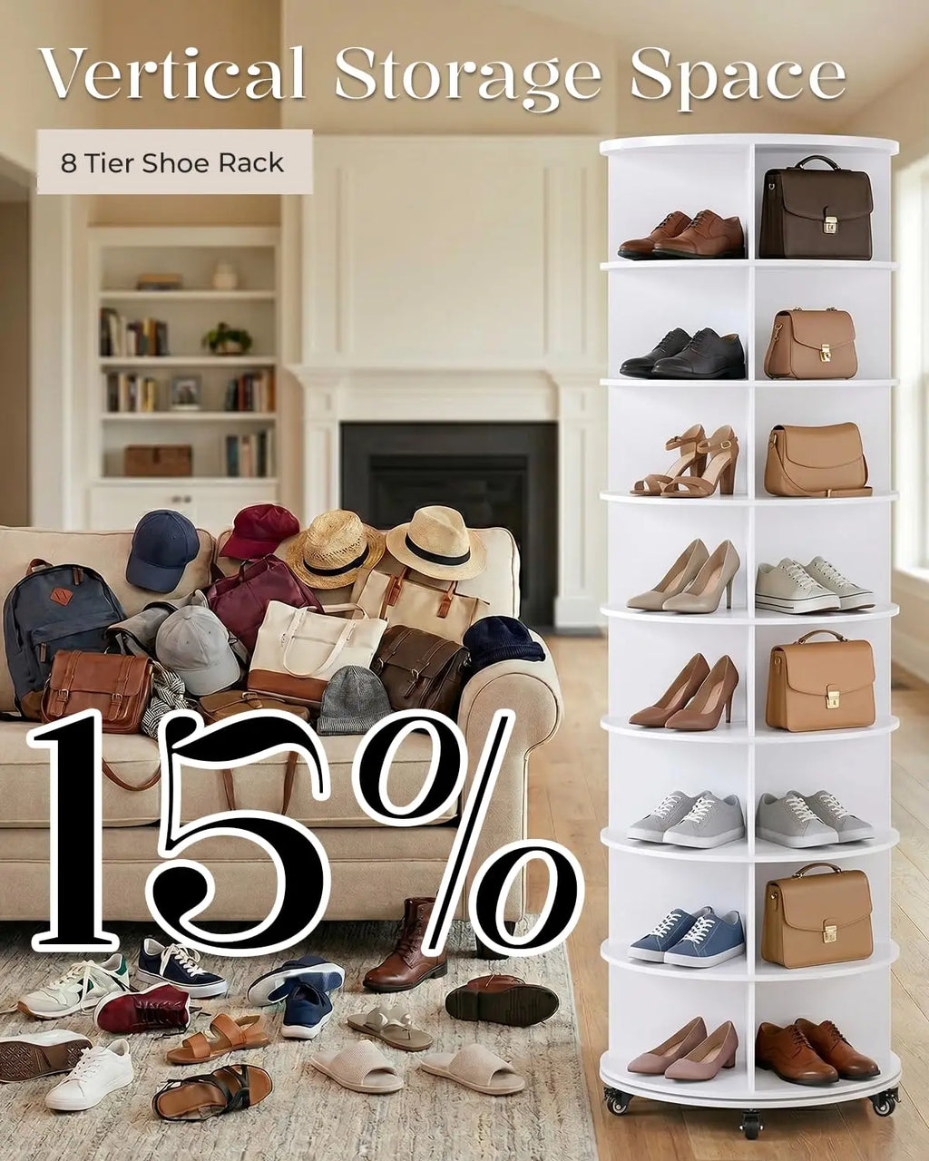 8Tier Rotating Shoe Rack Tower 23.6"x23.6"x74" White, Customized