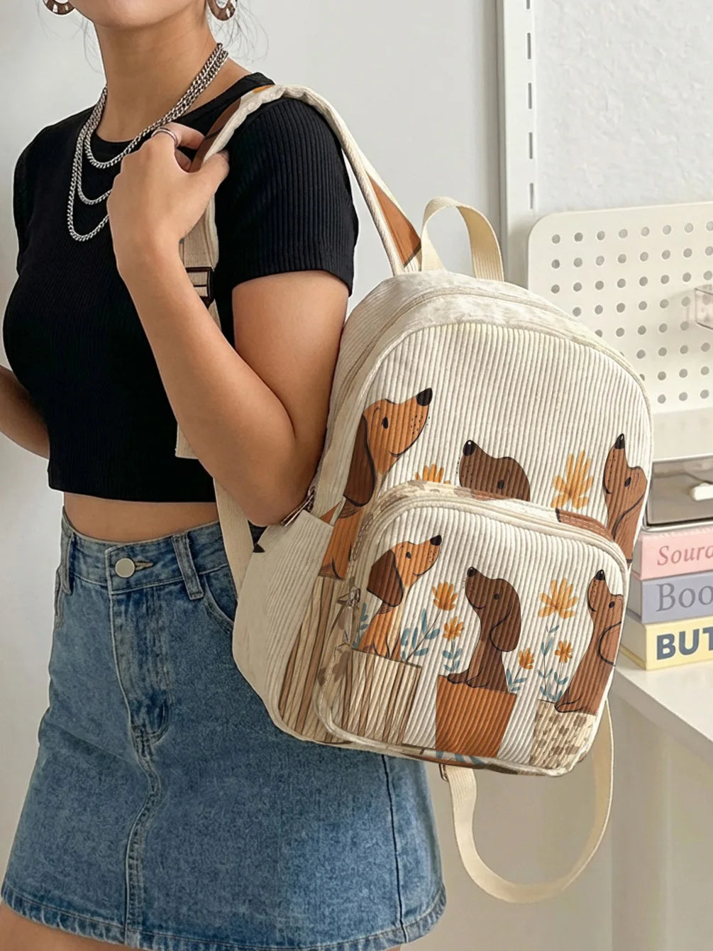 Dachshund Dog Print Allover Women Fashion Backpack Corduroy Multi-pocket Large Capacity Commuter Bag