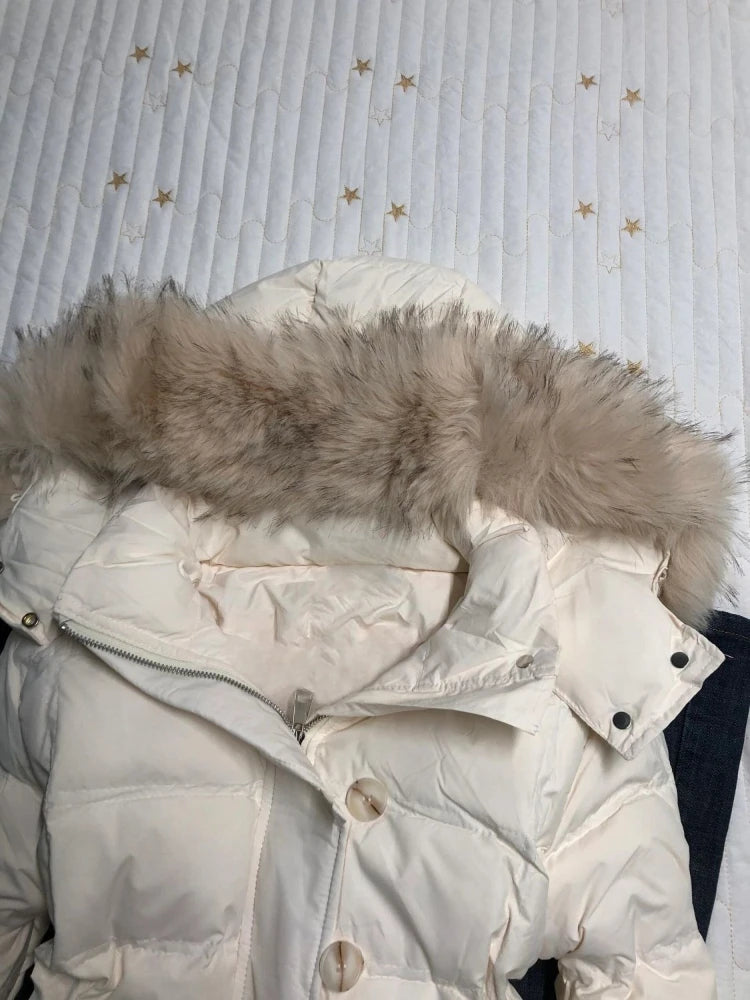 American Retro Vintage Fur Collar Hooded Cotton Coat Women Winter Loose Warm Casual Thick Jacket 2025 Fashion Street Style Cozy