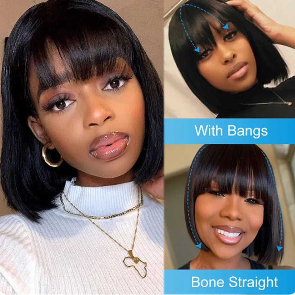 Pre Plucked Short Bob Human Hair Bone Straight Wig With Bangs 250% Lace Wig Glueless Brazilian Wig For Black Women Ready To Wear