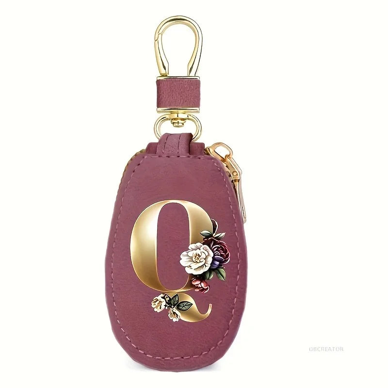 Matte rose color, unisex, 26-letter coin purse, car key gift set, PU leather car smart key bag