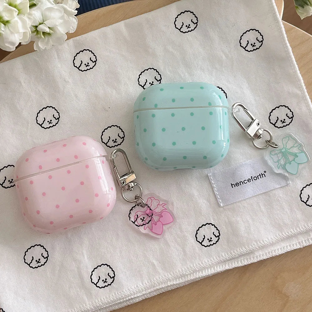 Cute Fresh Pink Green Polka Point Shockproof Protective Cover For AirPods 1 2 3 4 5 Pro Soft Couple Bow Case with Charm Pendant