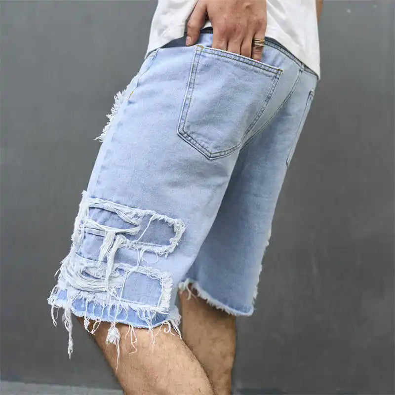Denim Hole Knee Length Men Washed Jean Mid Waist Spliced Ripped Pockets Loose Fit Distressed Straight Pants 2024 Casual
