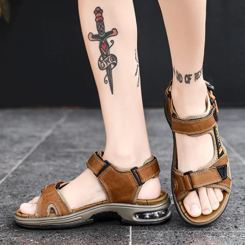 New Fashion Men's Sandals Summer Genuine Leather Sandals Outdoor Beach Sandals Non-slip Breathable Men's Wading Shoes Size 38-46