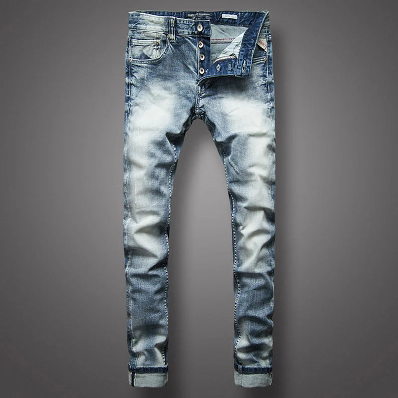Italian Style Fashion Men Jeans Retro Light Blue Stretch Slim Fit Ripped Jeans Men Y2K Vintage Casual Denim Pants Hombre