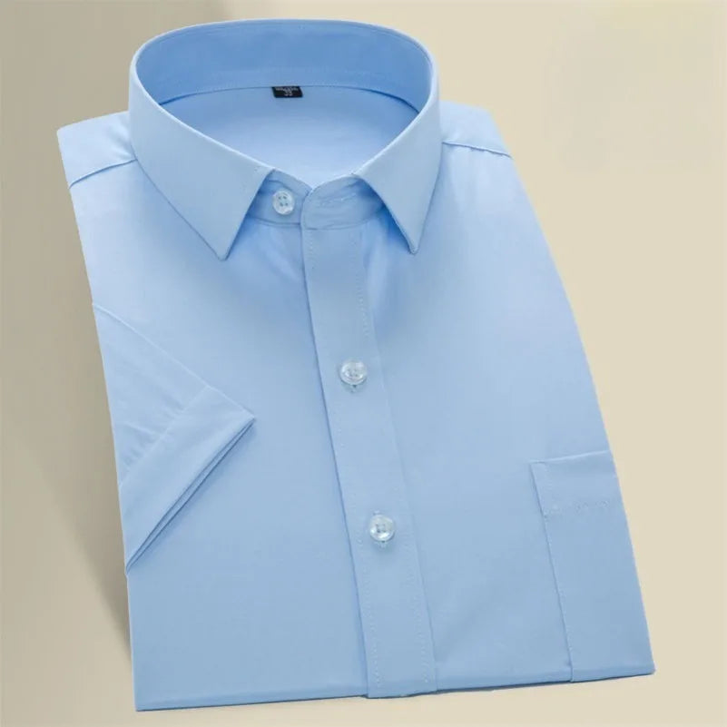 Men's Short Sleeved Dress Shirt Summer White Black Blue Pink Classic Solid Chemise Homme Male Business Casual Shirts KOACUS