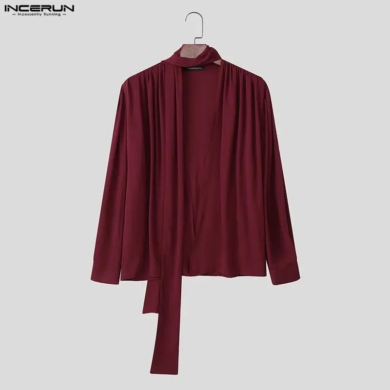 INCERUN Men Shirt Solid Loose Pleated V Neck Long Sleeve See Through Men Clothing Streetwear Fashion Casual Tops Male Shirts