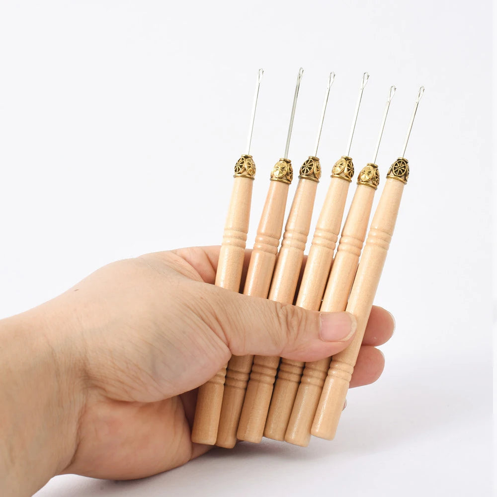 Hair Extensions Beads Tools Kit Extensions Micro Pulling Needle Wood Hair Hook with Tongue Hair Crochet Hook