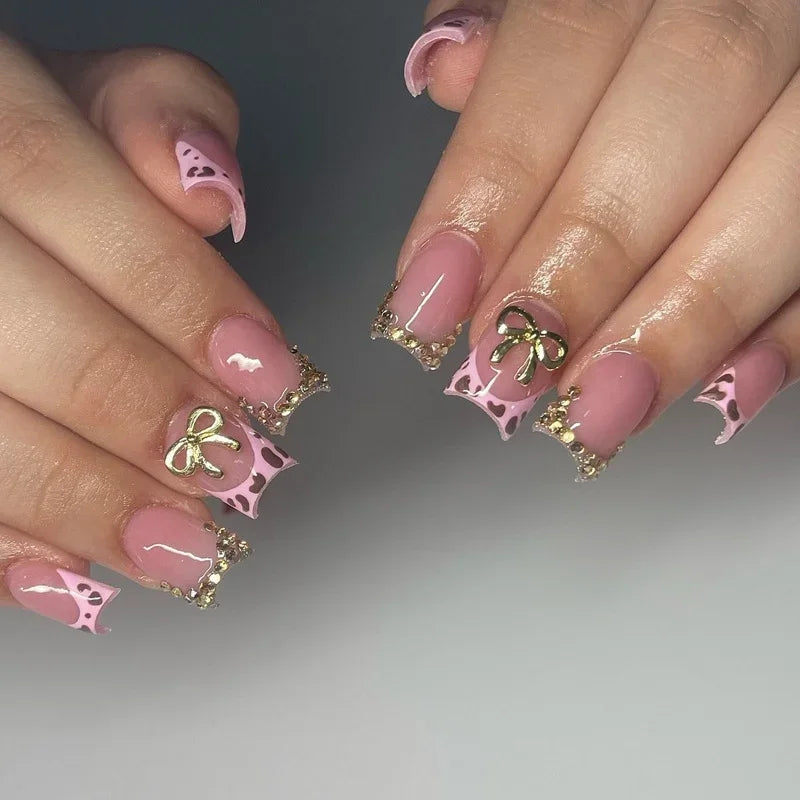 24pcs Leopard Print French False Nail Spicy Girls Press on Nails Wearable Sets Flower Brown Short Square Fake Nails with Diamond