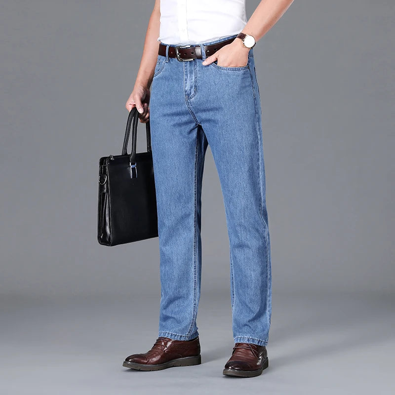 High Quality Jeans Men Spring Summer 100%Cotton Classics Business Straight Denim Pants Dark Blue Trousers Male Plus Size 40 42