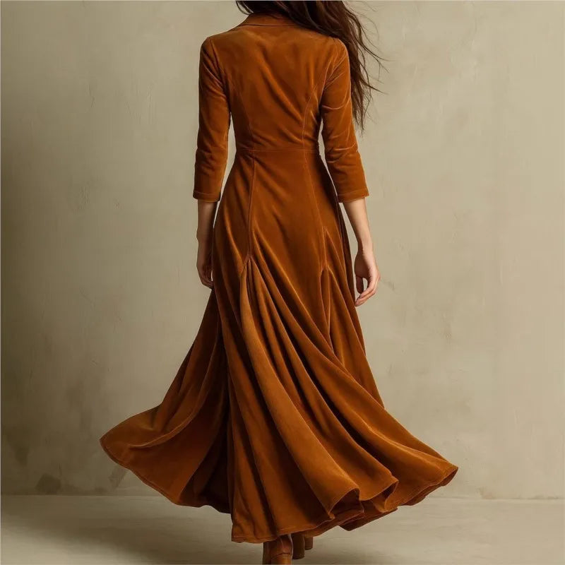 Spring Fall Women Suit Collar Velvet Long Dress 2025 New Slim Elegant Office Lady Velour Dresses