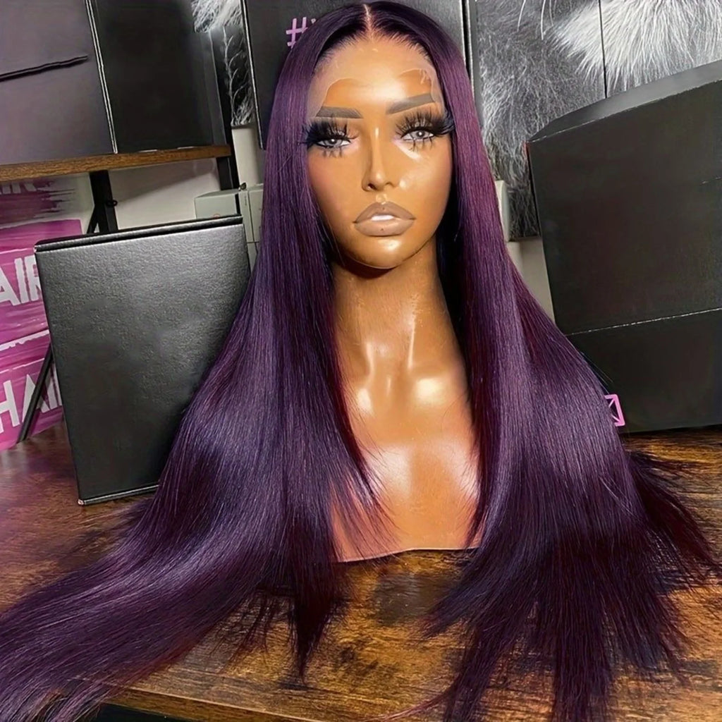 Dark Purple Long Silky Straight Synthetic Hair Free Part Glueless 13X4 Lace Front Colored Wigs for Women Daily Party Cosplay