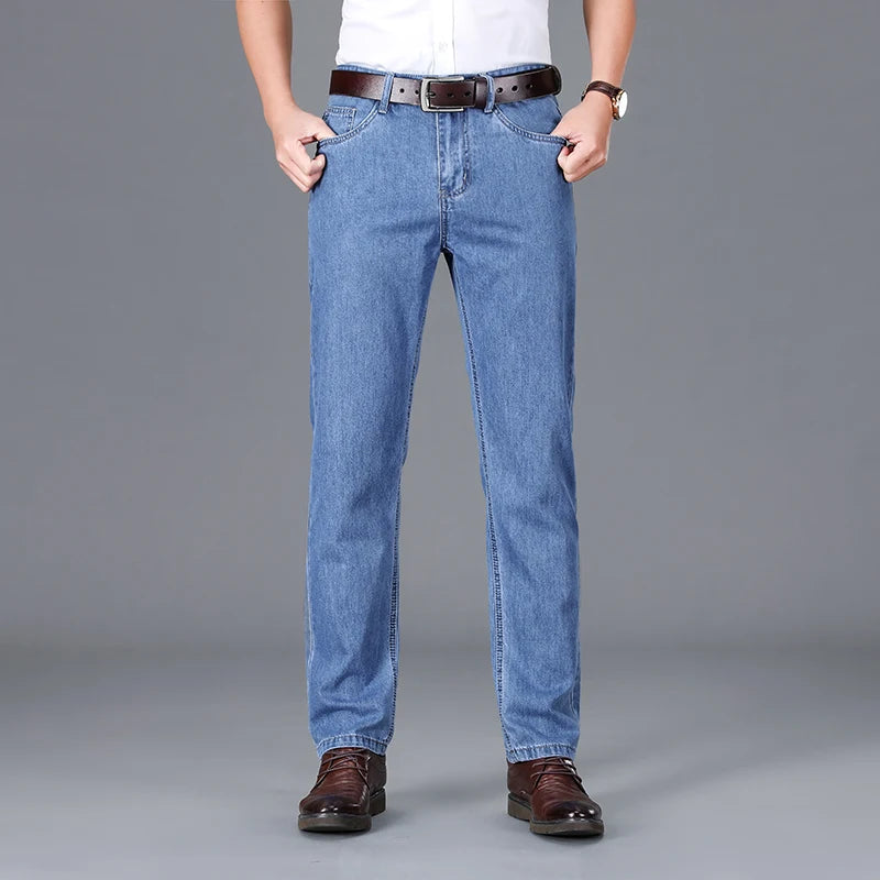 High Quality Jeans Men Spring Summer 100%Cotton Classics Business Straight Denim Pants Dark Blue Trousers Male Plus Size 40 42