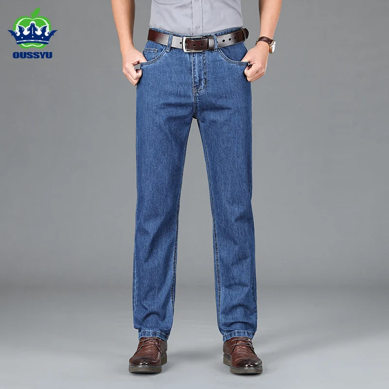 High Quality Jeans Men Spring Summer 100%Cotton Classics Business Straight Denim Pants Dark Blue Trousers Male Plus Size 40 42