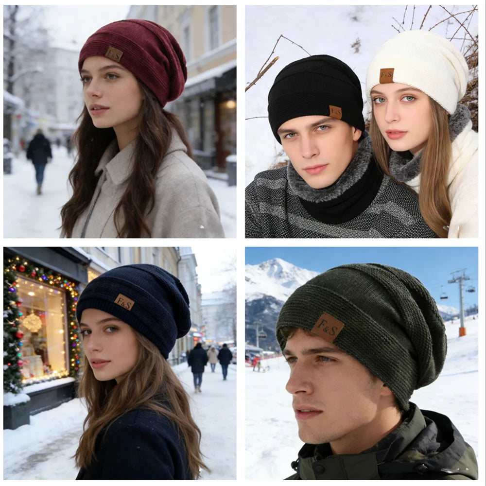 Hot Sale Unisex Classic Slouchy Winter Hats Plush Fur Lined Warm Beanie Cap Men Women Casual FS Label Decor Winter Knitted Hats