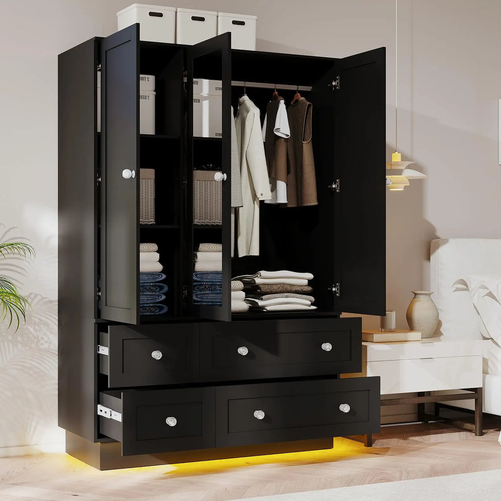 Wardrobe Closet with 3 Doors Bedroom Armoire with Mirror & 4 Drawers