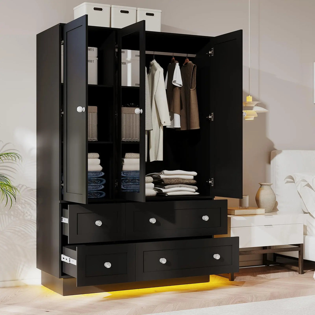 Wardrobe Closet with 3 Doors Bedroom Armoire with Mirror & 4 Drawers