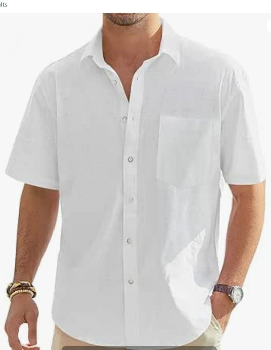 Men's-Summer-New-Style-European-and-American-Fashion-Classic-Comfortable-Breathable-Cotton-and-Hemp-Solid-Color-Top-Shirt