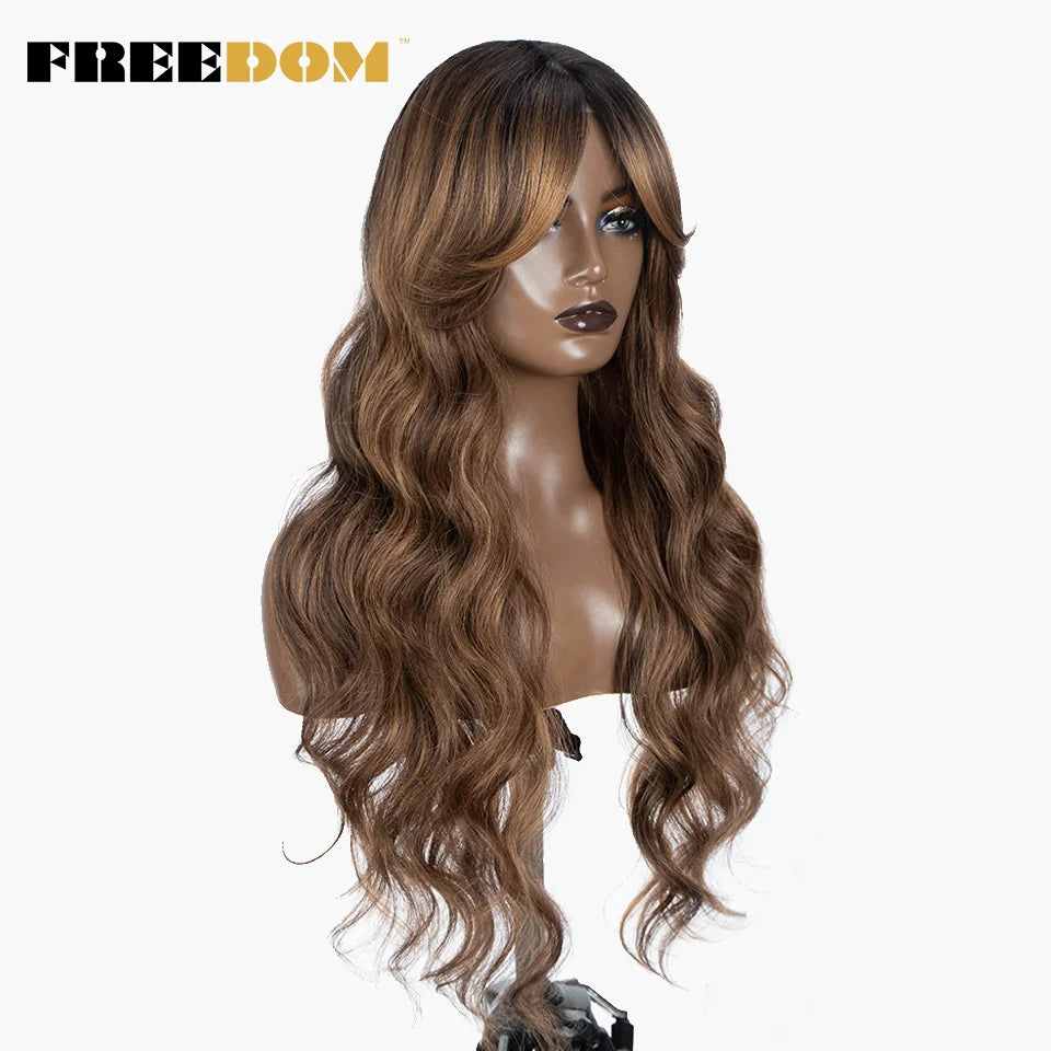 FREEDOM Synthetic Lace Wigs For Black Women Long 28 inch Body Wave Wavy Middle Part Lace Wig Ombre Blonde Brown Cosplay Wigs