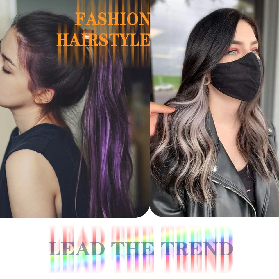 HUAYA Synthetic Long Curly Women Heat Resistant Clip In Hair Extension Hairpiece Gold Grey Purple Pink Red Colorful Extension