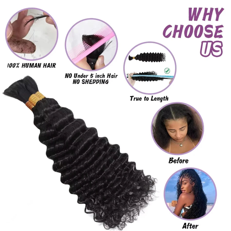 Human Braiding Hair Deep Wave Bulk Unprocessed Hair 100g No Weft Virgin Hair Bundles Indian Human Braiding Hair for Boho Braids