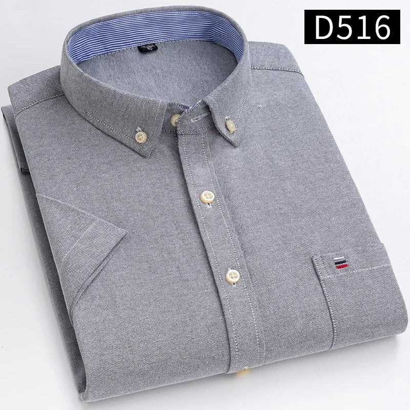 Plus Size 7XL 100% Cotton Oxford Summer Casual Short Sleeve Shirts for Men Soft Slim Fit Formal Plain Shirt White Plaid Clothes