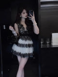 2025 Summer Elegant Embroidered Lace Contrasting Mini Dress Women Sexy Backless V Neck Hollow Out Sleeveless Slim Party Dress