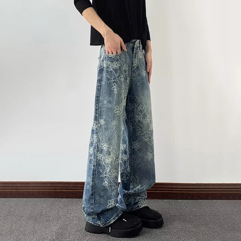 High Street Floral Jacquard Embroidered Baggy Jeans For Man Y2K Vintage Straight Denim Pants Hip Hop Fashion Curved Jean