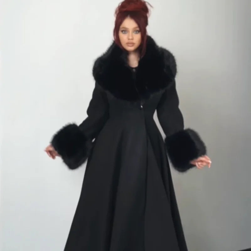 Luxury Women Faux Fur Trim Long Wool Coat Big Fur Collar Cuffs Slim Waist A-line Flared Maxi Dress Coat Daily Dating Outerwear