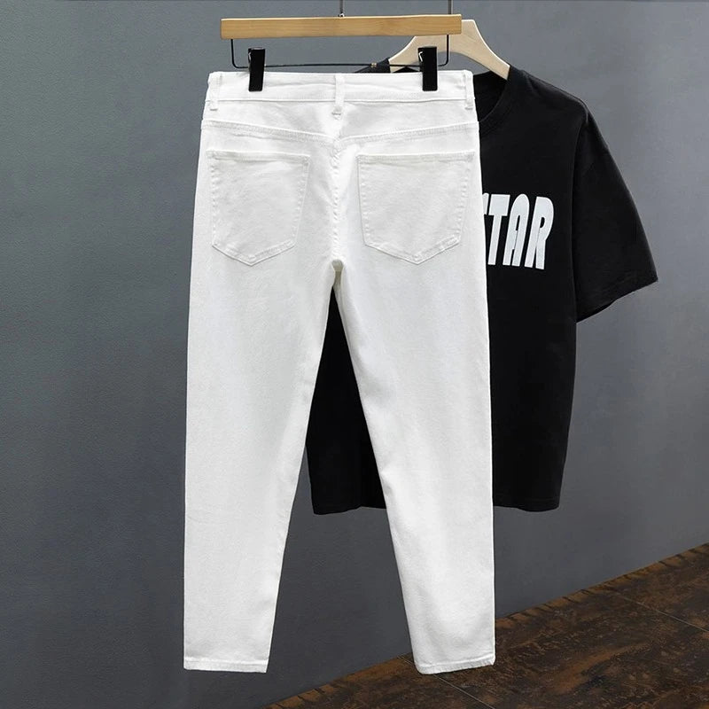 Men's Jeans Spring Summer Thin Slim Fit Elastic Cotton Soft Straight Denim Ankle Length Pants Korean Youth Fashion Trousers