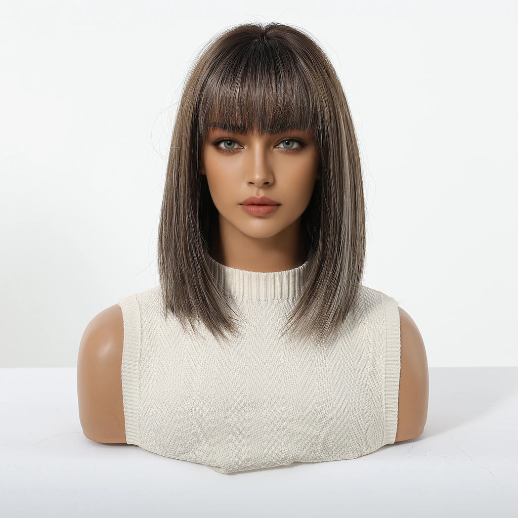 Brown Synthetic Wigs With Bangs Short Straight Bob Wigs For Women Daily Party Natural Looking Heat Resistant Fiber Fake Hair