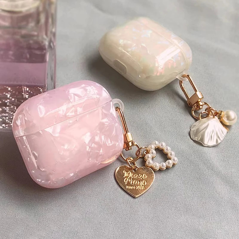 Luxury Girls Pearl Case Protective Shell with Keychain For AirPods 4 3 2 1 Pro Wireless Earphone Accessories Headphone Box Cover