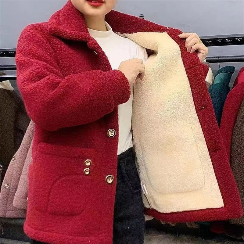 Winter Thick Fleece Single Breasted Lamb Fur Women's Coat Mom Wear Lapel Pocket Imitation Fur Warm Casual Jacket Female