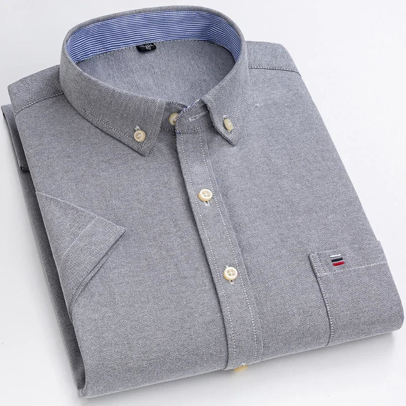 Plus Size 7XL 100% Cotton Oxford Summer Casual Short Sleeve Shirts for Men Soft Slim Fit Formal Plain Shirt White Plaid Clothes