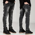 Men Washed Distressed Jeans Pencil Pants Mid Waist Denims Vintage Pockets Button Zipper Fly Streetwear Ankle Length Trousers